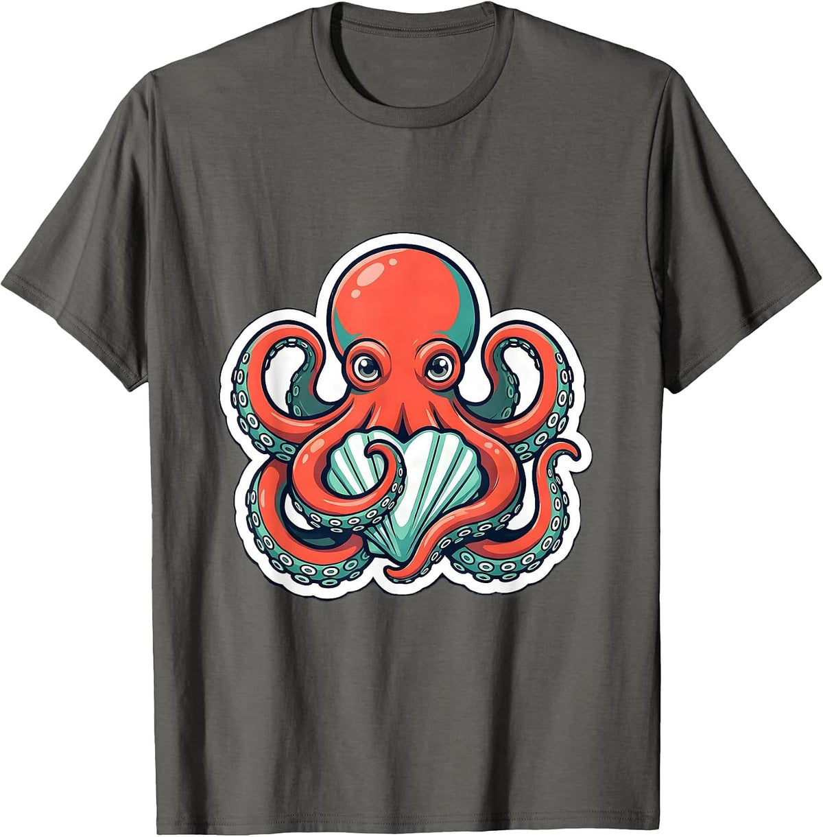 Octopus Heart Shell Embrace Cute Sea Creature Lover T-Shirt - Asphalt Grey