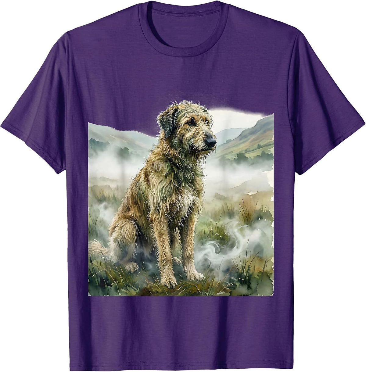 Irish Wolfhound Sitting in Misty Field Illustration T-Shirt - Purple
