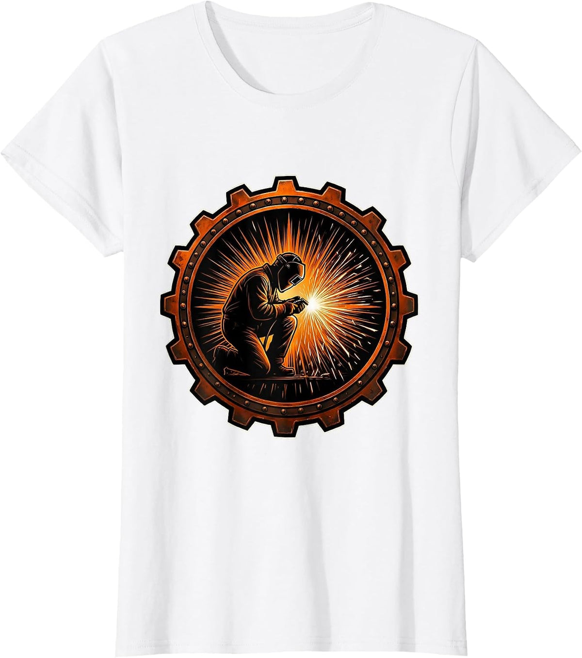 Welder Silhouette Giant Orange Spark Burst T-Shirt - White