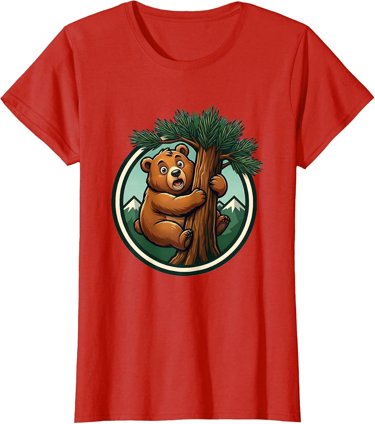 Bear Cub Climbing Pine Tree Nature Illustration T-Shirt - Red