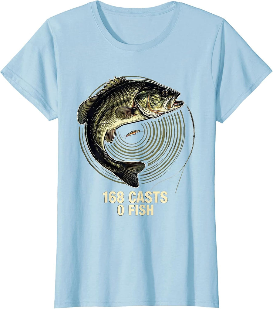 Women's 168 Casts 0 Fish Funny Bass Fishing Humor T-Shirt - Baby Blue