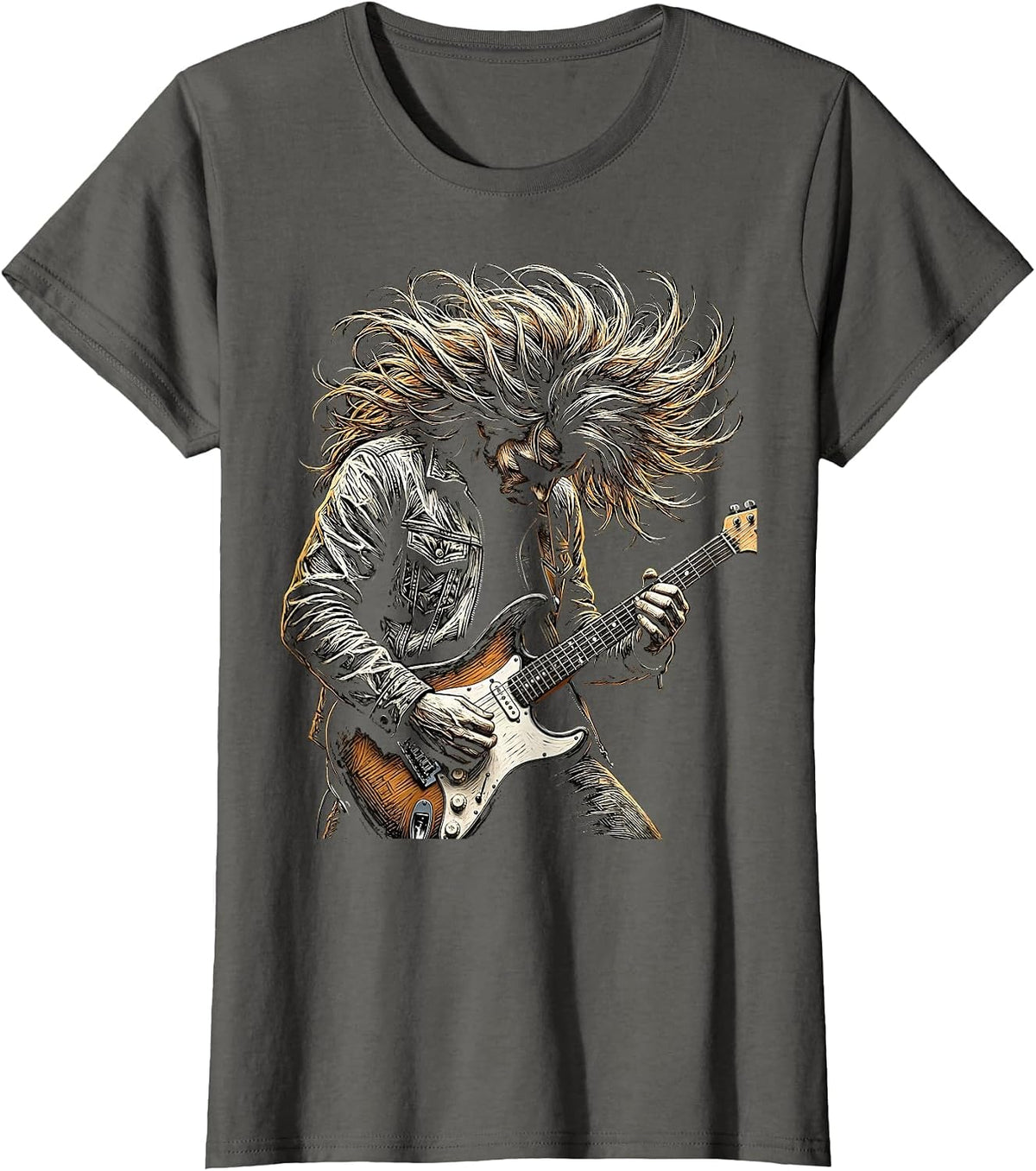Women's Headbanging Musician Wild Hair Rock Band Graphic T-Shirt - Asphalt Grey