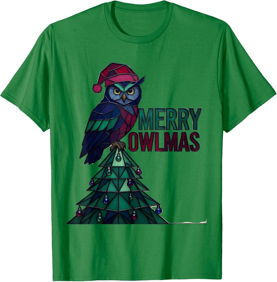 Men's Merry Owlmas Stained Glass Mosaic Funny Animal Christmas T-Shirt - Kelly Green