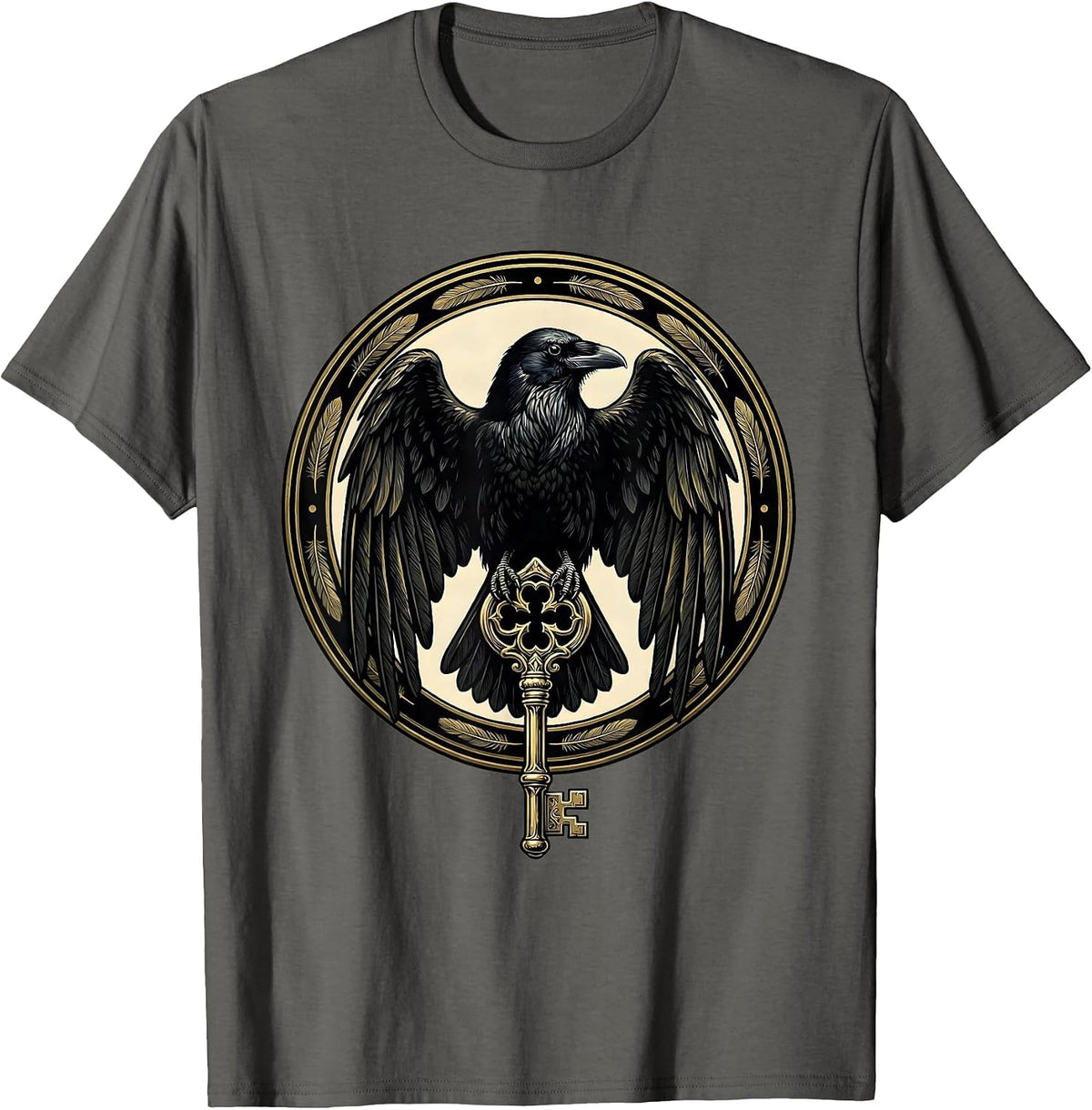 Crow Clutching Skeleton Key Gothic Art T-Shirt - Asphalt Grey