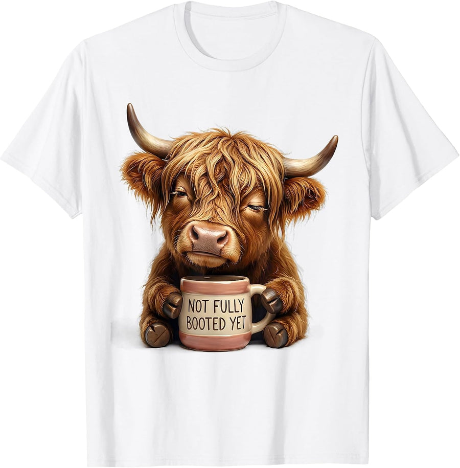 Not Fully Booted Yet Cute Kawaii Highland Cow Coffee Lover T-Shirt - White