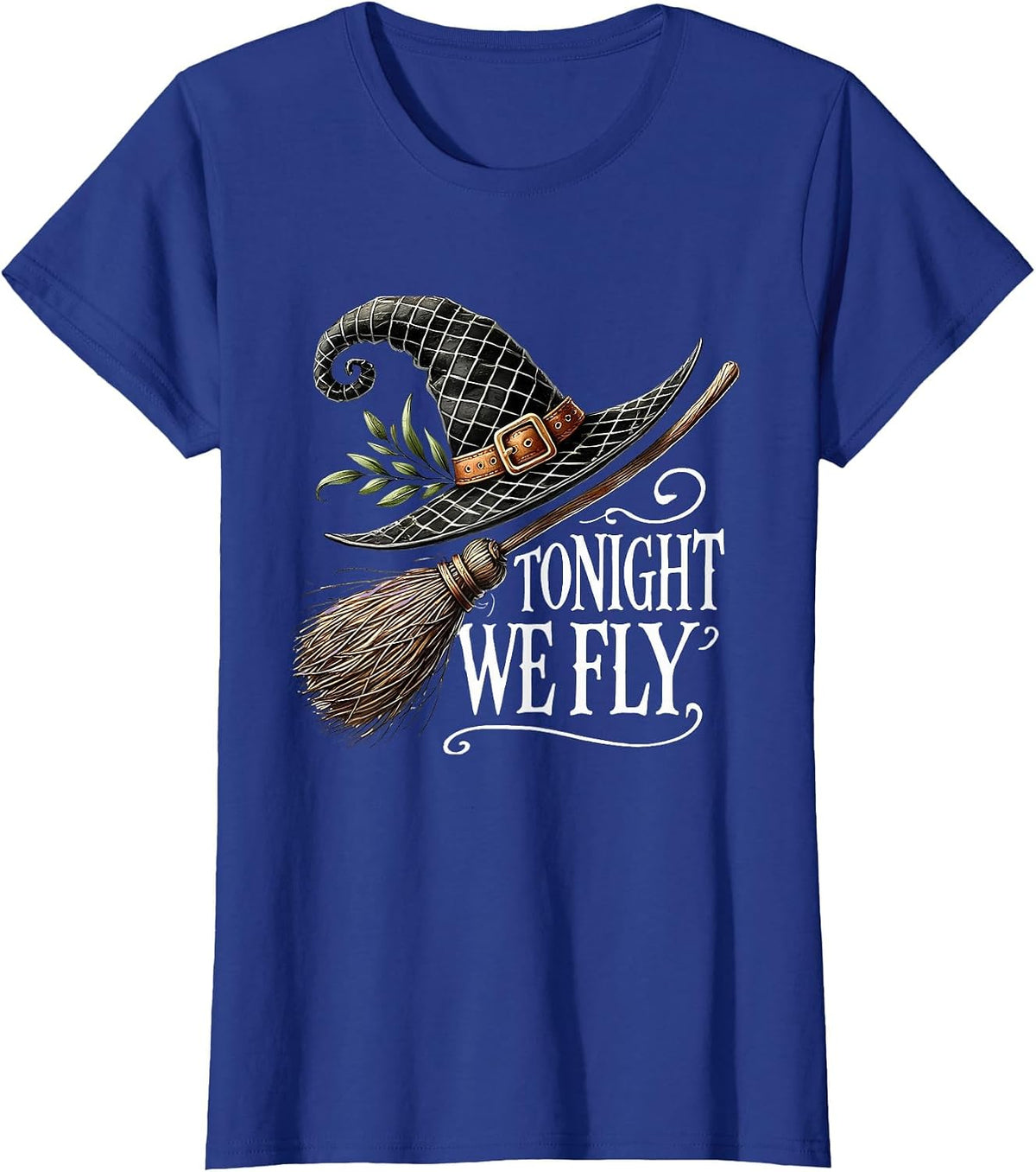 Tonight We Fly Halloween Witch Hat and Broom Salem Witch T-Shirt - Royal Blue