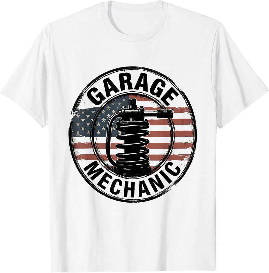 Men's Garage Mechanic Patriotic American Flag Mechanic Gift T-Shirt - White