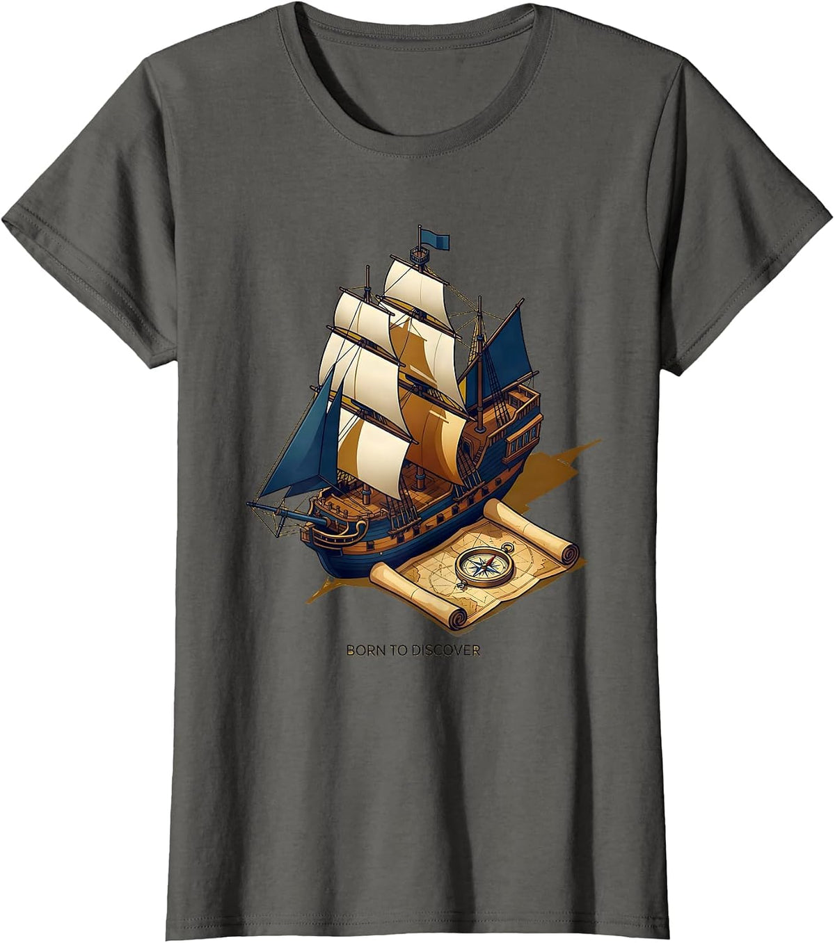 Women's Born to Discover Columbus Day Explorer Design T-Shirt - Asphalt Grey