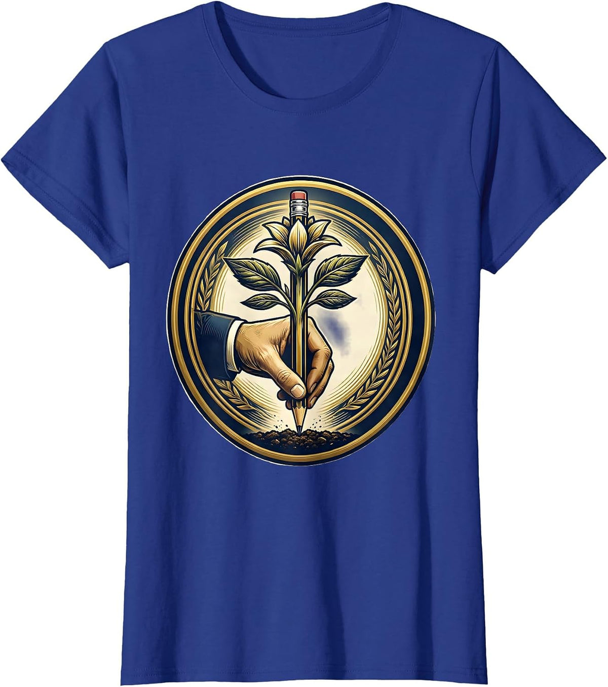 Women's Third Grade Teacher Pencil Planting Graphic T-Shirt - Royal Blue