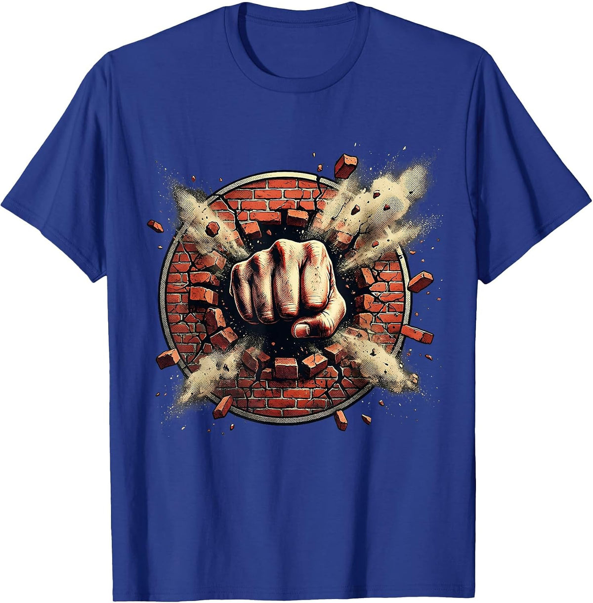 Grunge Fist Through Brick Wall Graphic Tee T-Shirt - Royal Blue