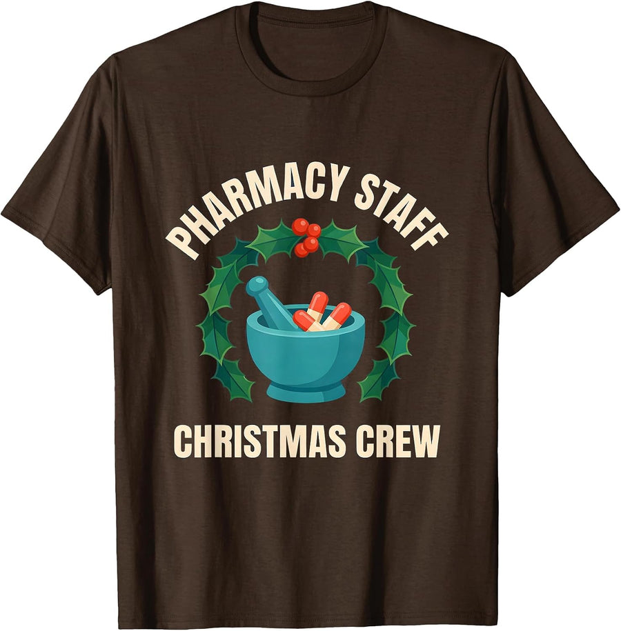 Men's Pharmacy Staff Christmas Crew Funny Pharmacy Tech Squad T-Shirt - Brown