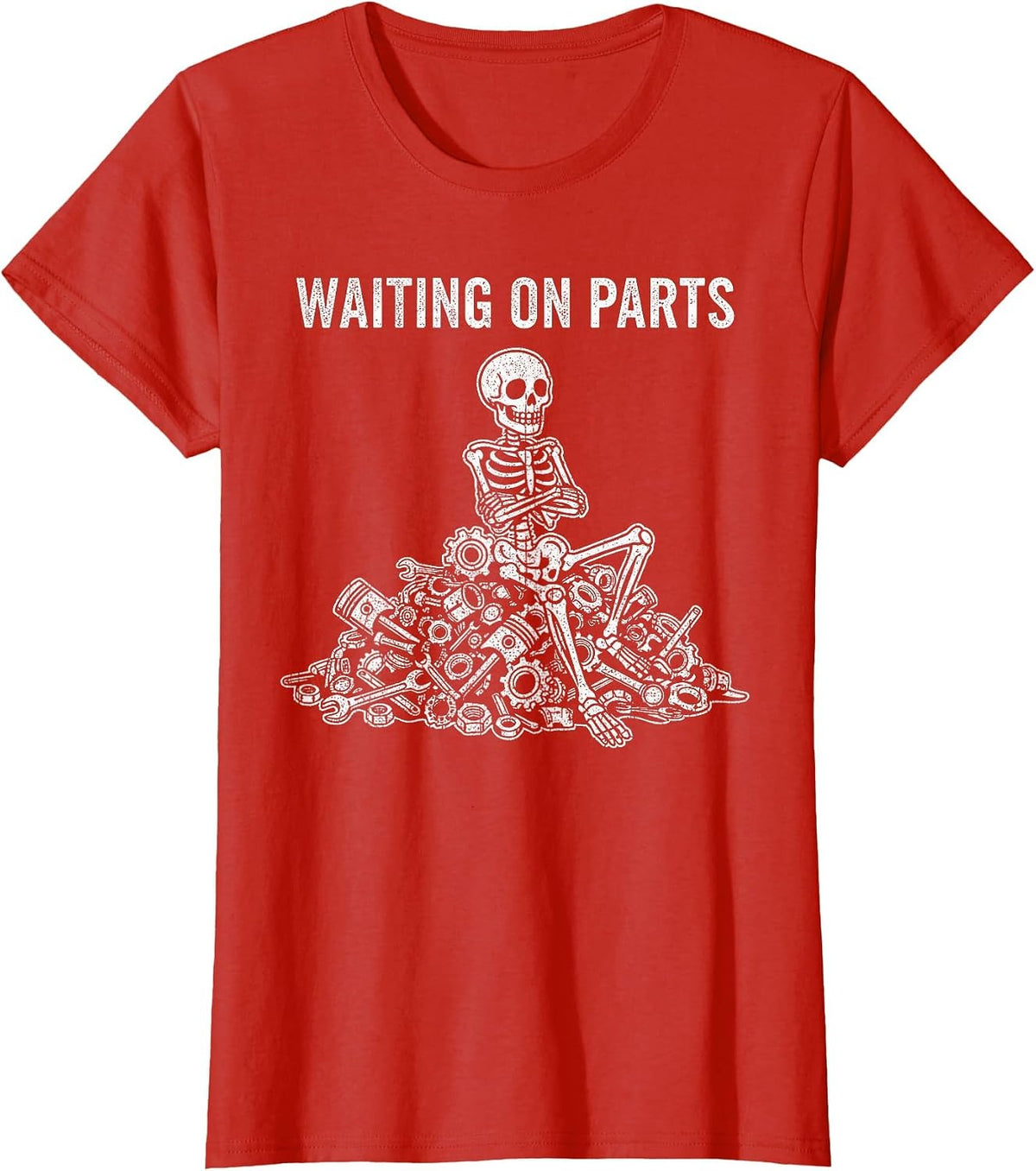 Waiting On Parts Funny Skeleton Auto Mechanic Technician T-Shirt - Red