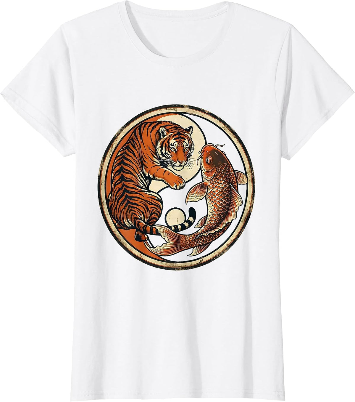 Tiger and Koi Fish Yin-Yang Balance Design T-Shirt - White