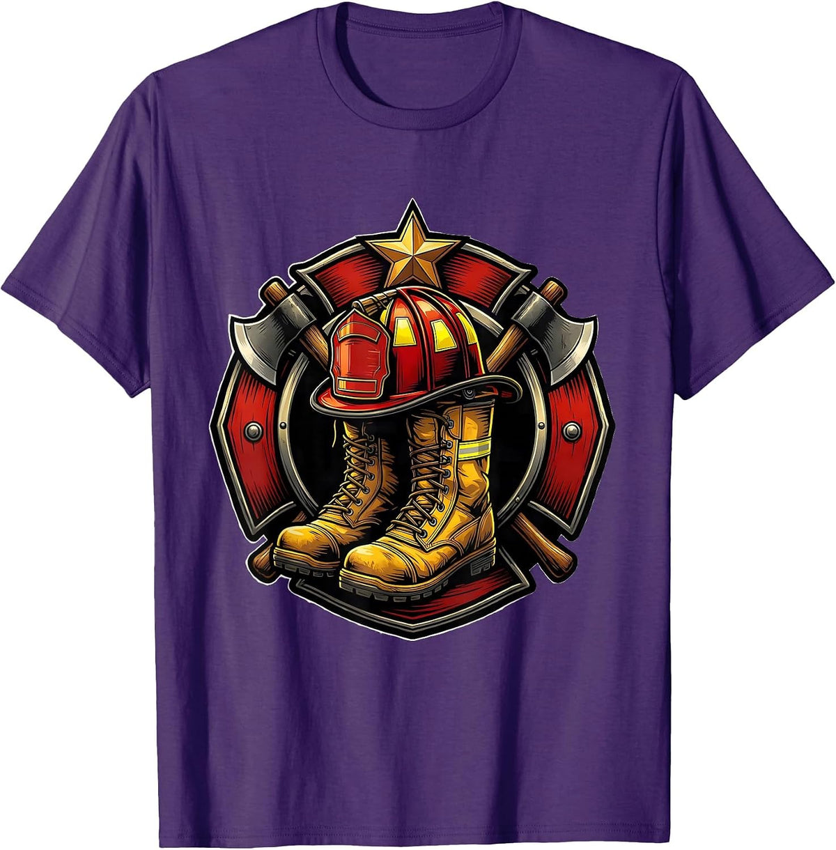 Firefighter Helmet and Boots Memorial Tribute Graphic T-Shirt - Purple