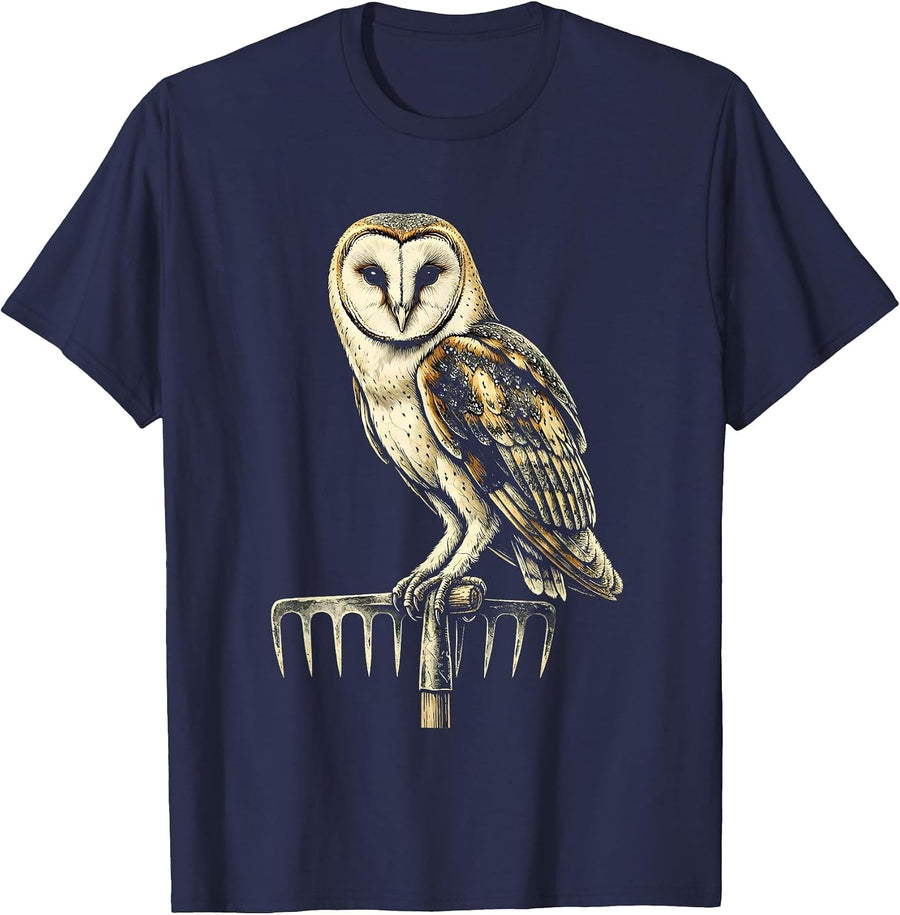 Barn Owl Perched on Pitchfork Country Farm Design T-Shirt - Navy Blue