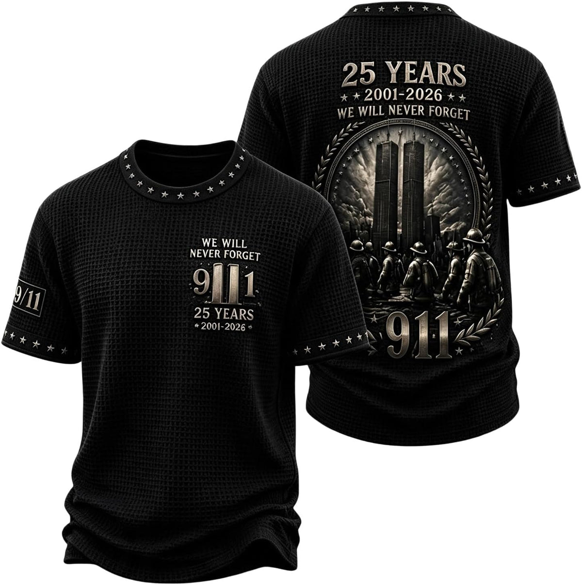 Mens 9/11 Memorial Waffle Tee Never Forget 25th Anniversary Shirt - 01-black