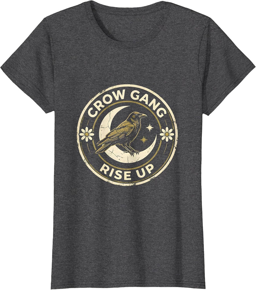 Women's Crow Gang Rise Up Bold Bird Lover Design T-Shirt - Dark Heather Grey