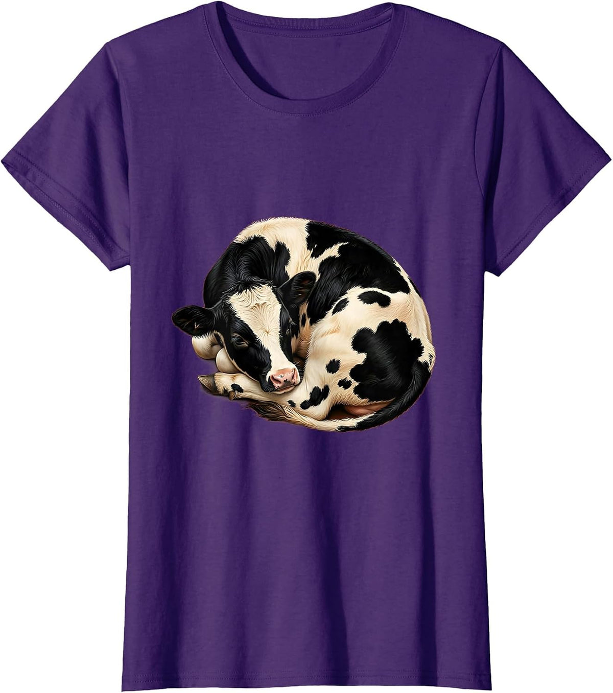 Women's Sleeping Baby Calf Cute Cow Lover Graphic T-Shirt - Purple