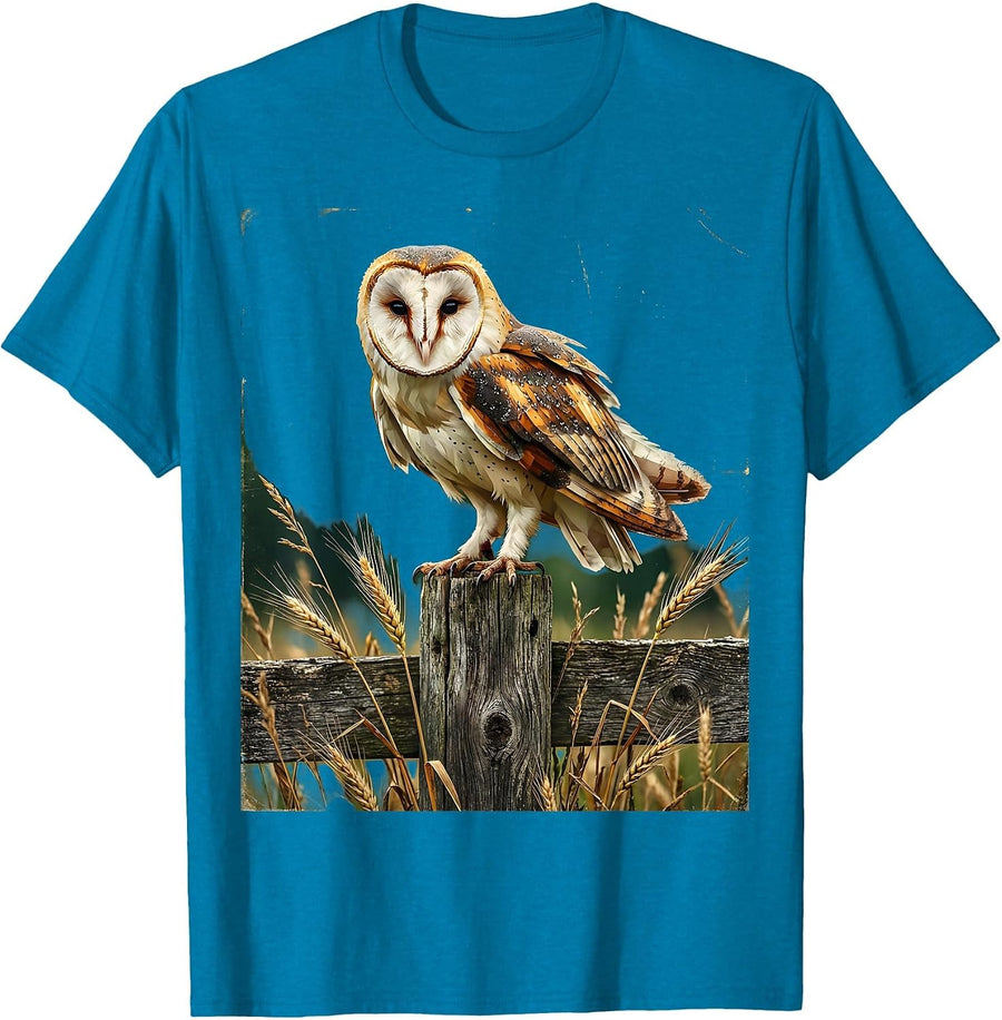 Barn Owl on Weathered Fence Post Illustration T-Shirt - Sapphire Blue