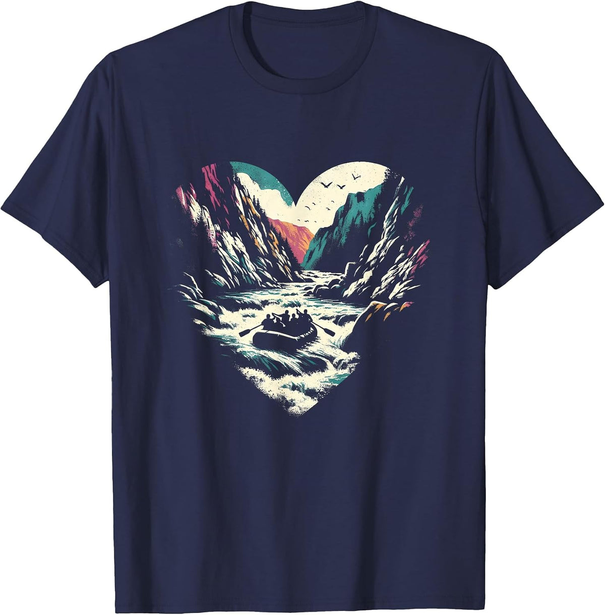 Whitewater Rafting Heart - Vintage Extreme Rafting Lover T-Shirt - Navy Blue