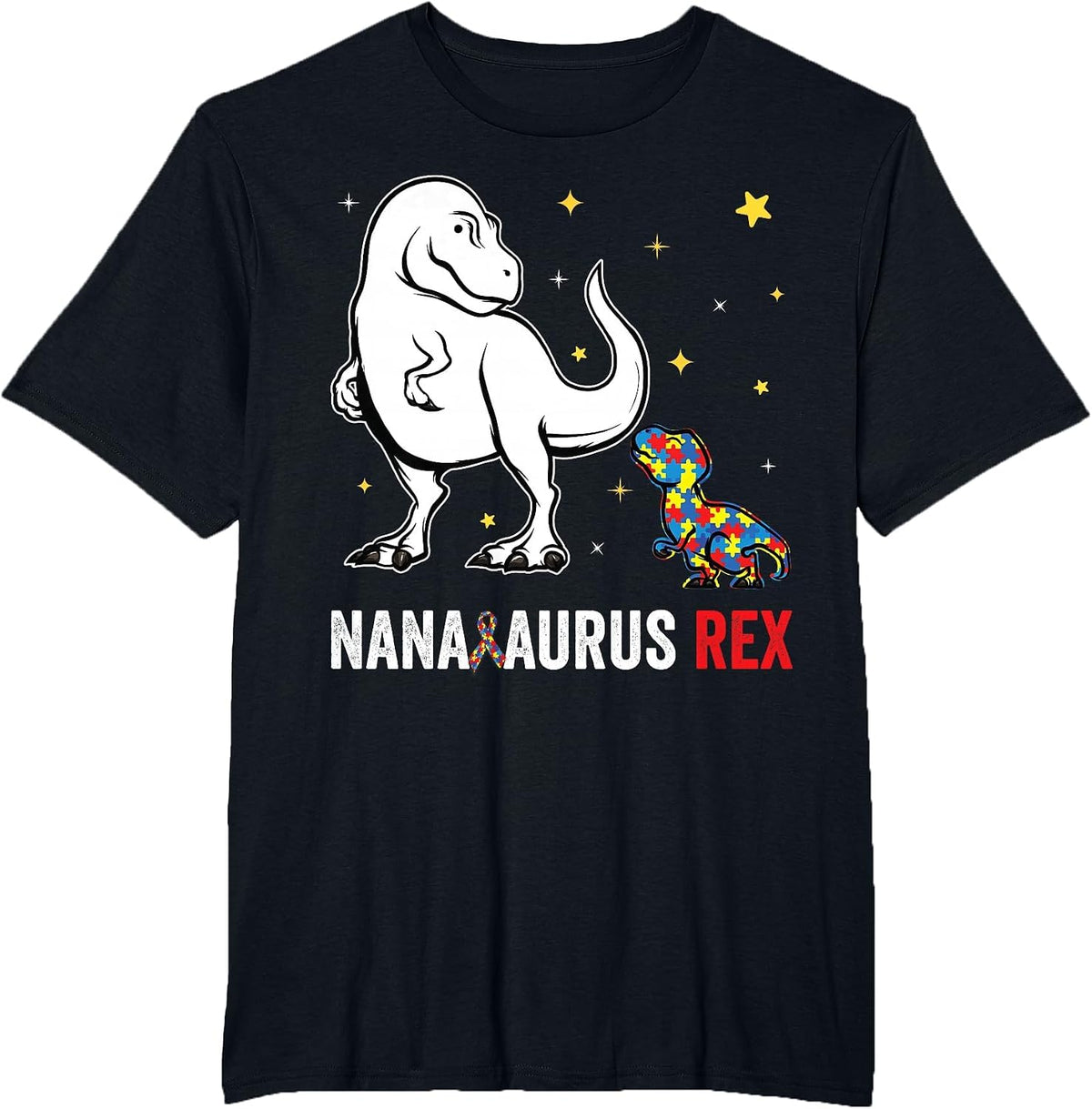 Nanasaurus Rex Nana and Kids Funny Autism Awareness Puzzle T-Shirt - Black