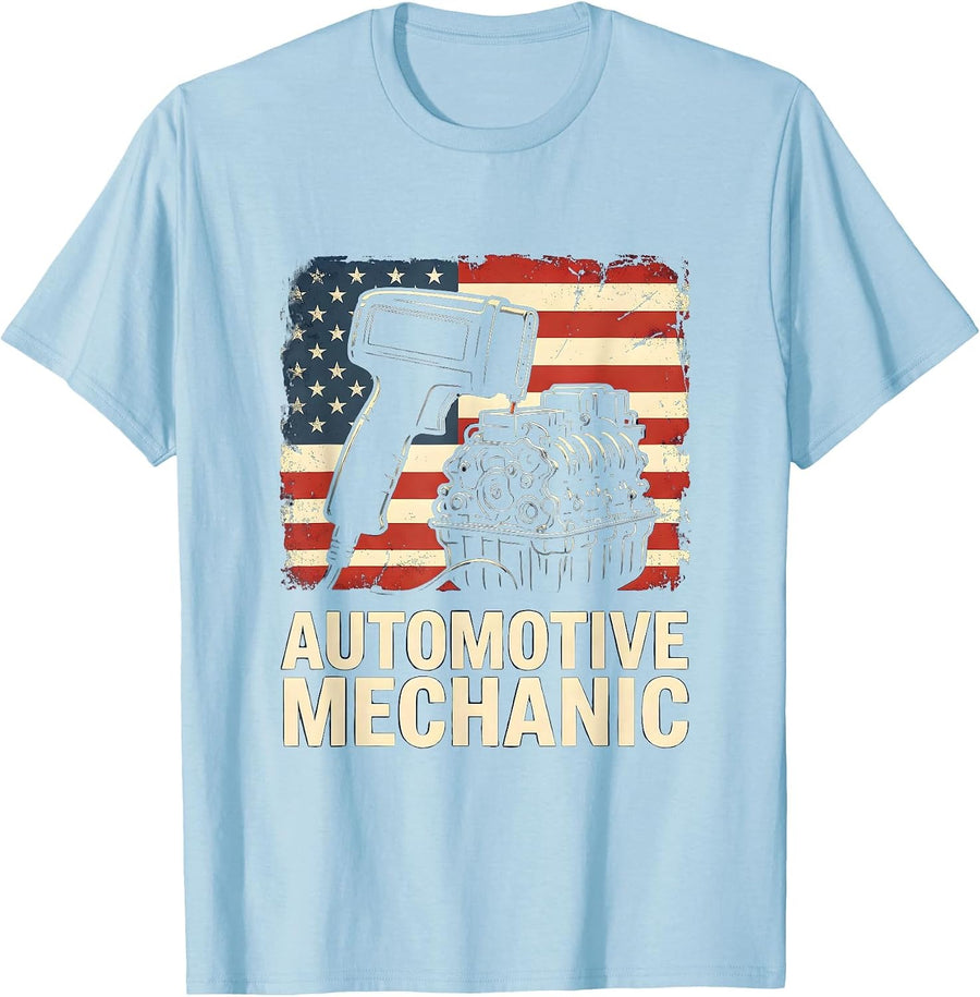 Men's Automotive Mechanic Patriotic Flag American Worker Tough T-Shirt - Baby Blue