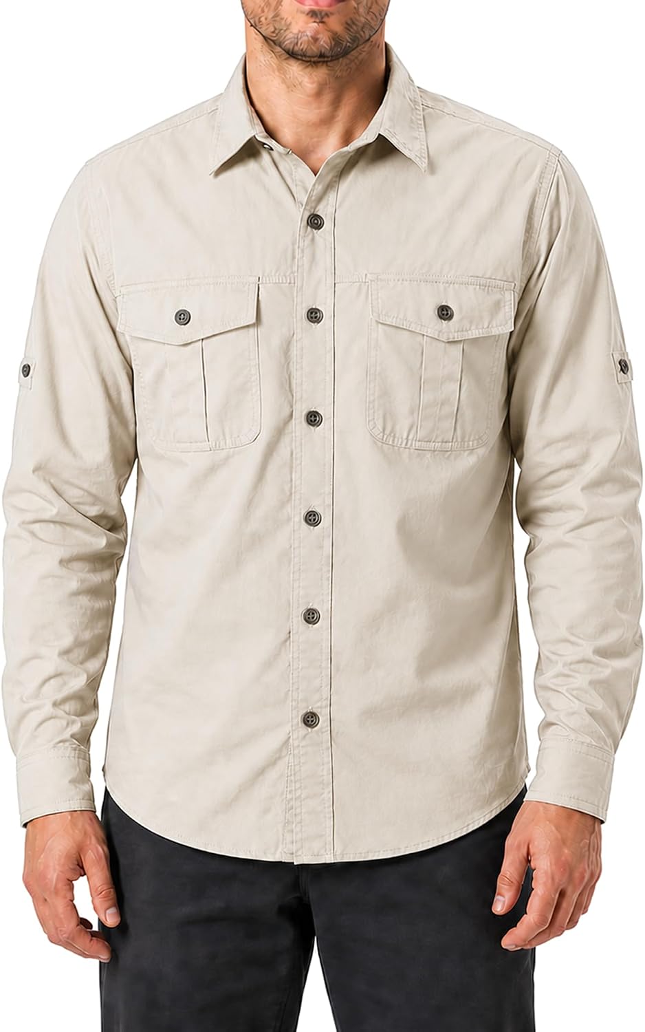 FREDD MARSHALL Men's Long Sleeve Cotton Cargo Work Shirt with Pockets - Beige