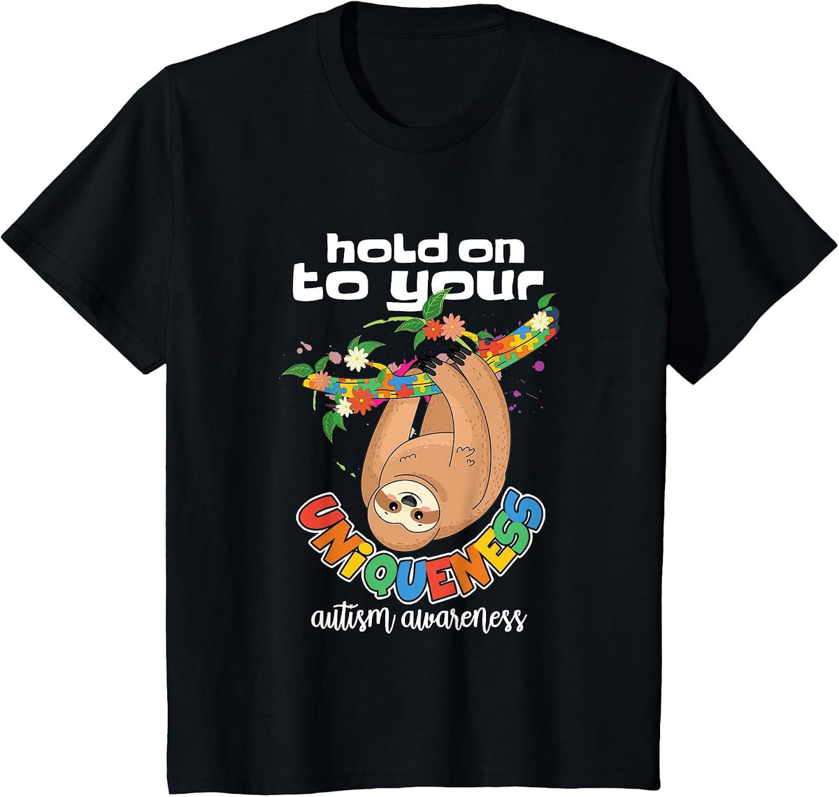 Autism Awareness Uniqueness Sloth Puzzle Autistic Tolerance T-Shirt - Black