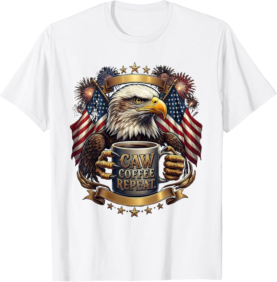 Men's Caw Coffee Repeat Funny Crow Bird Lover Design T-Shirt - White