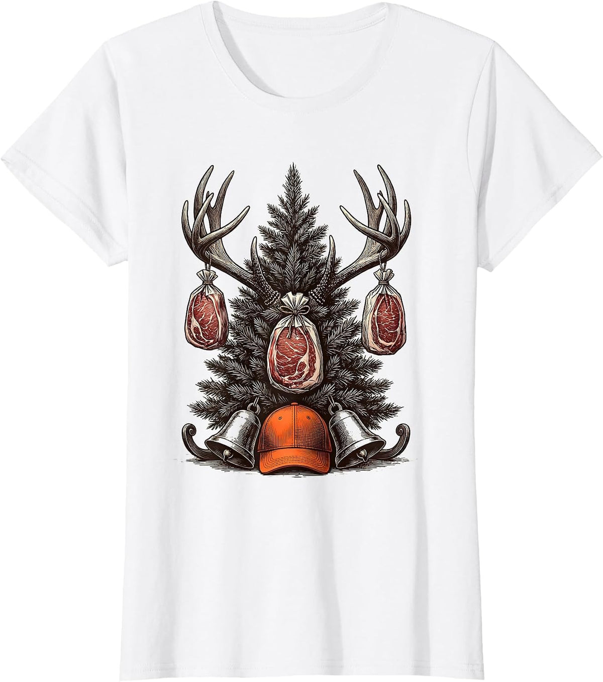 Antler Rack Christmas Tree Hunter Humor Gift T-Shirt - White
