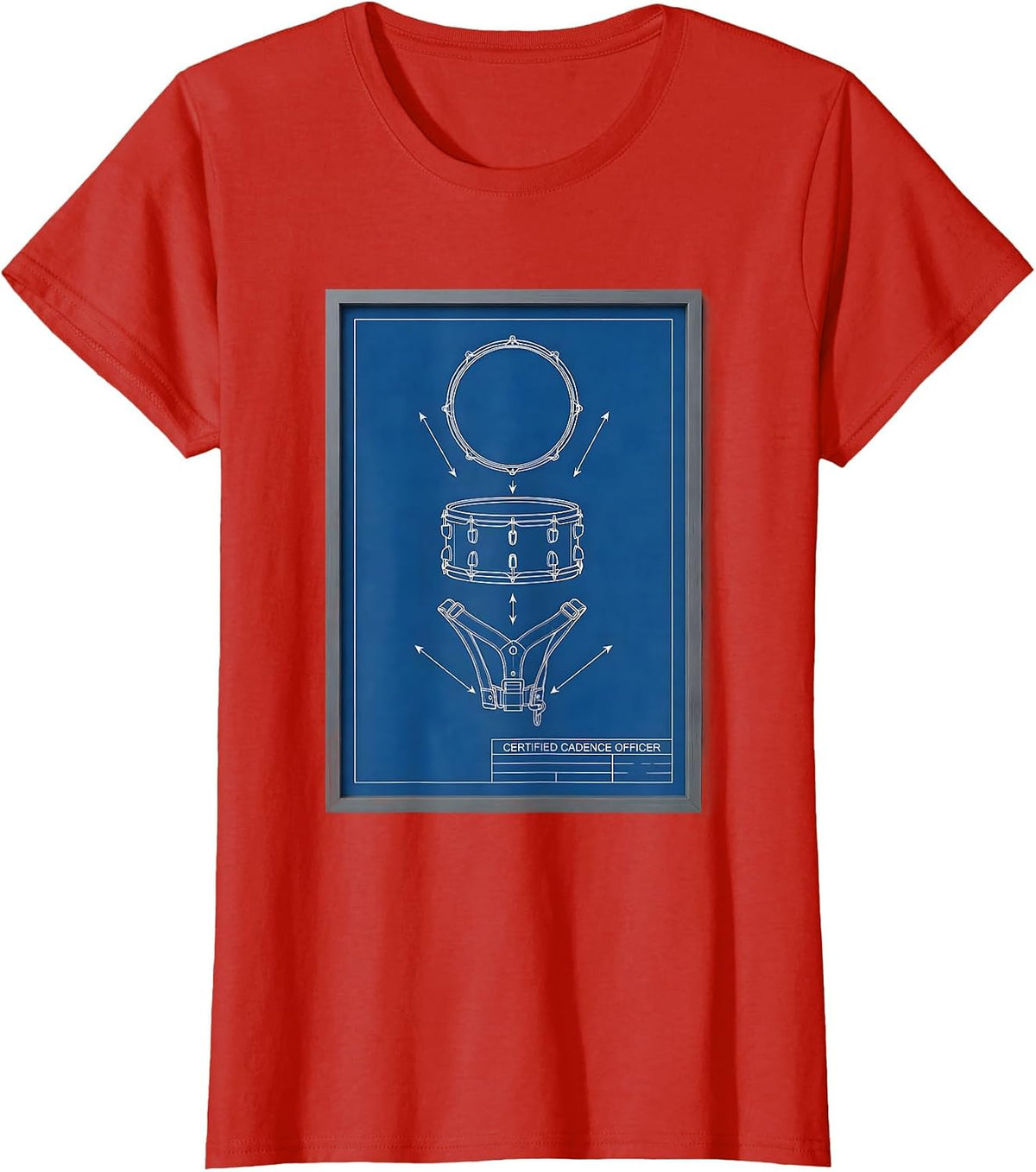 Certified Cadence Officer Technical Blueprint Drummer Humor T-Shirt - Red