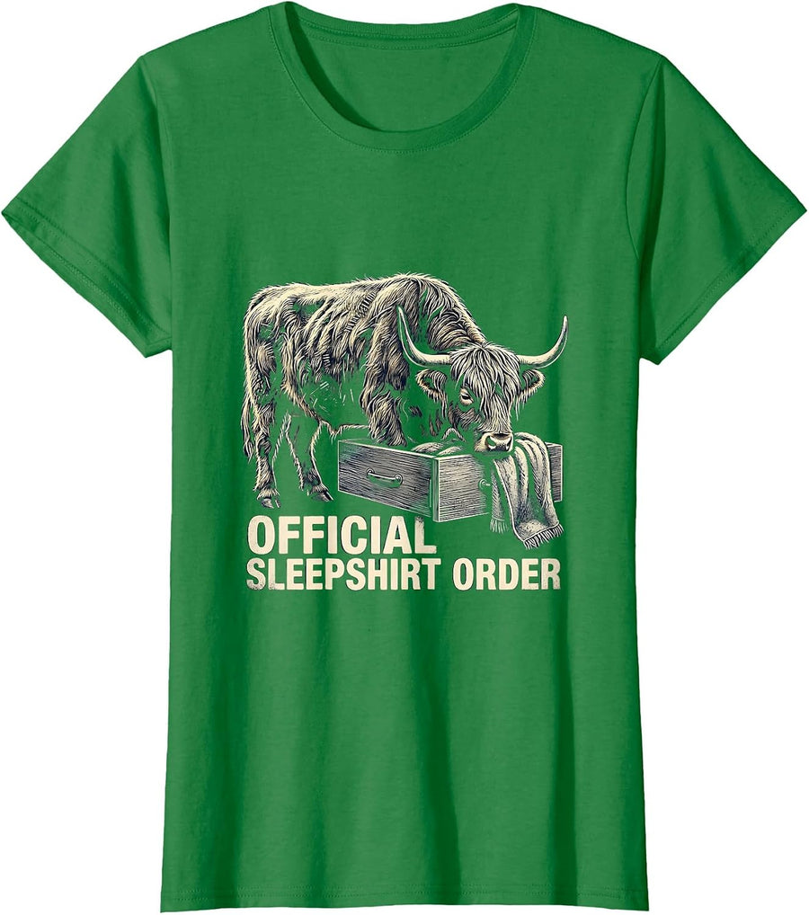 Women's Official Sleepshirt Order Cozy Highland Cow Pajama Nightgown T-Shirt - Kelly Green