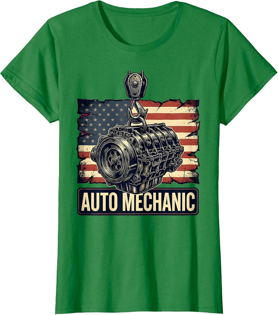 Women's Auto Mechanic Distressed American Flag Heavy Transmission T-Shirt - Kelly Green
