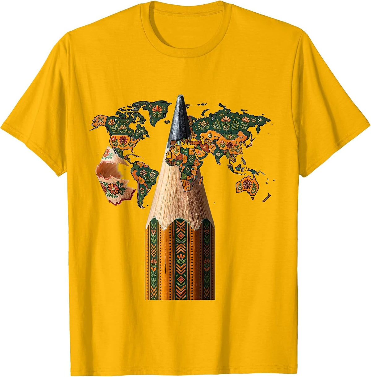 Pencil World Map Geography Explorer Design T-Shirt - Golden Yellow