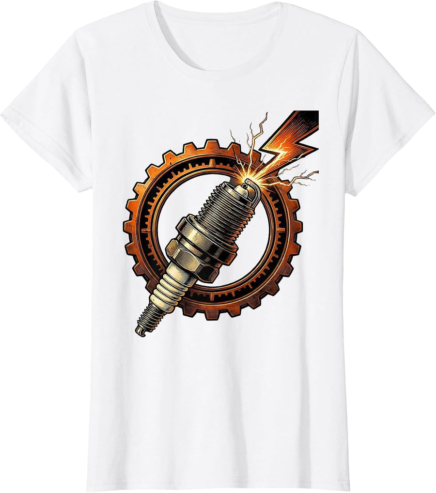 Women's Spark Plug Lightning Bolt Electric Graphic Tee T-Shirt - White