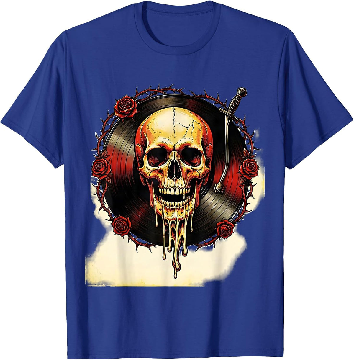 Skull Melting Into Vinyl Record Grooves Tee T-Shirt - Royal Blue