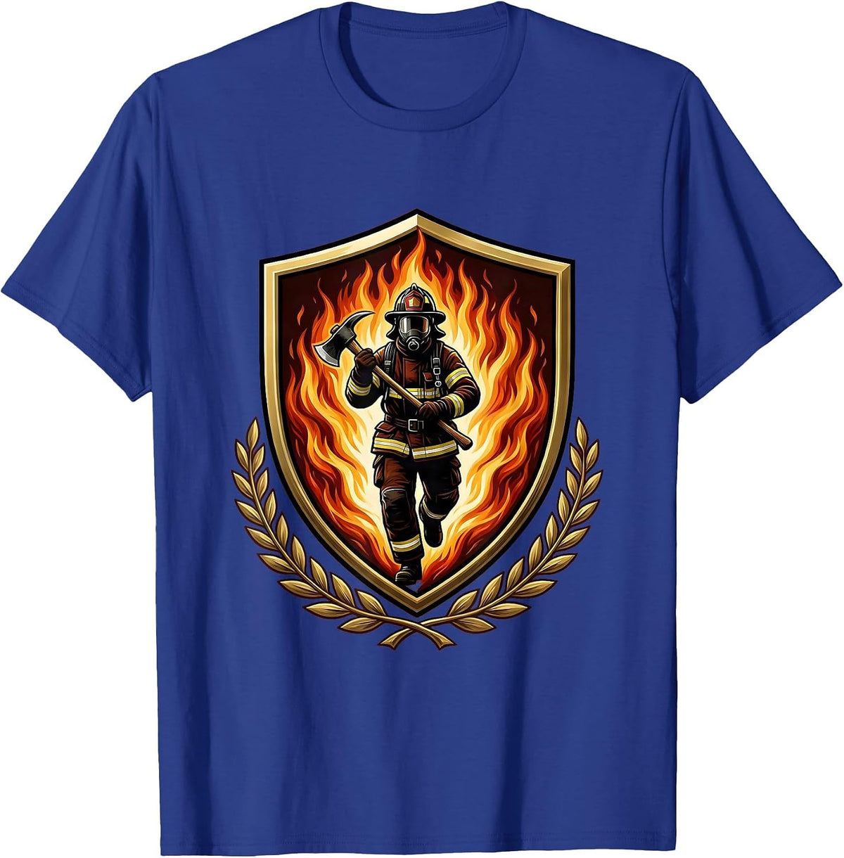 Men's Firefighter Silhouette Emerging From Wall of Flames T-Shirt - Royal Blue