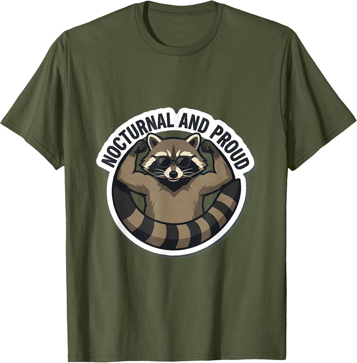 Men's Nocturnal and Proud Raccoon Design T-Shirt - Olive Green