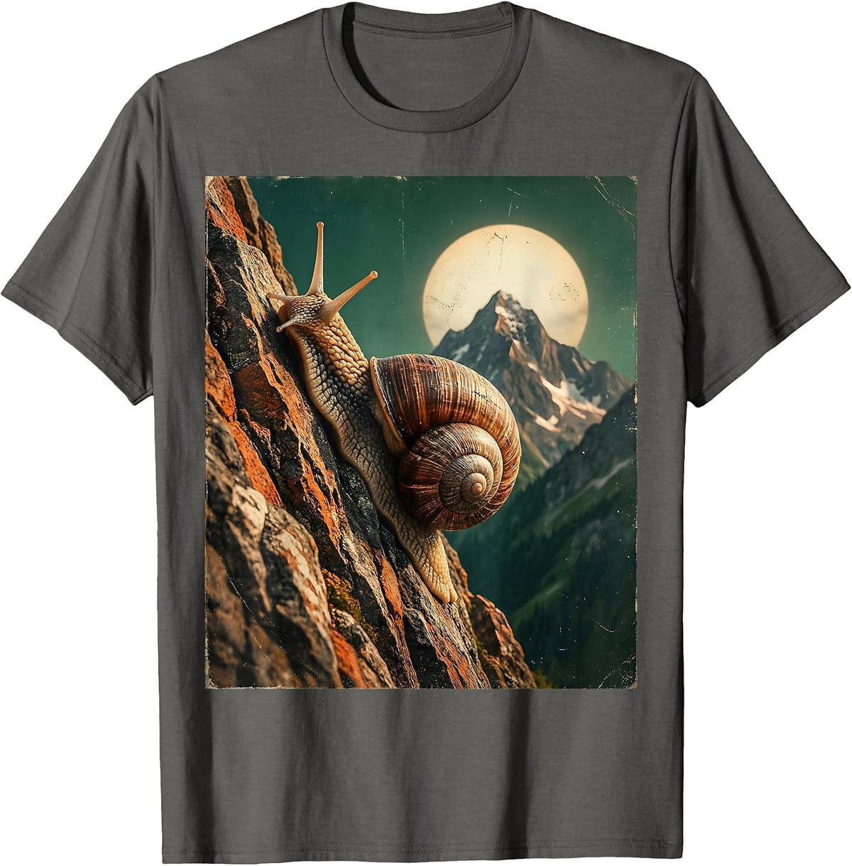 Snail Climbing Steep Mountain Funny Graphic T-Shirt - Asphalt Grey