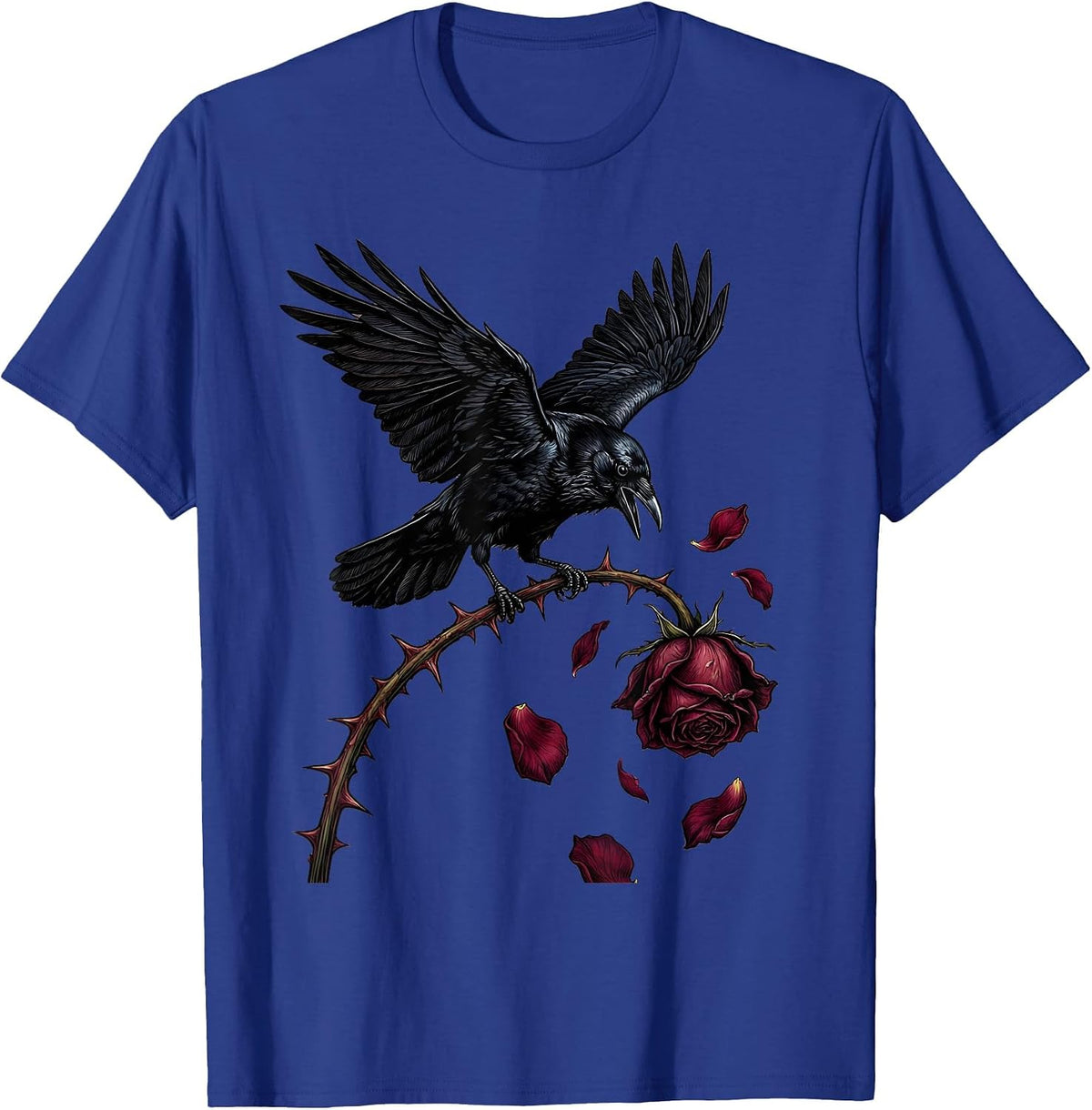 Emo Crow on Thorny Rose Stem Graphic T-Shirt - Royal Blue