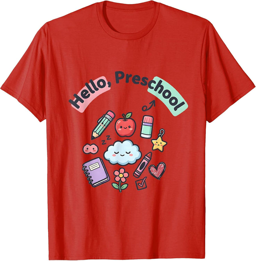Men's Hello, Preschool Cute School Supplies Teacher Student Doodle T-Shirt - Red