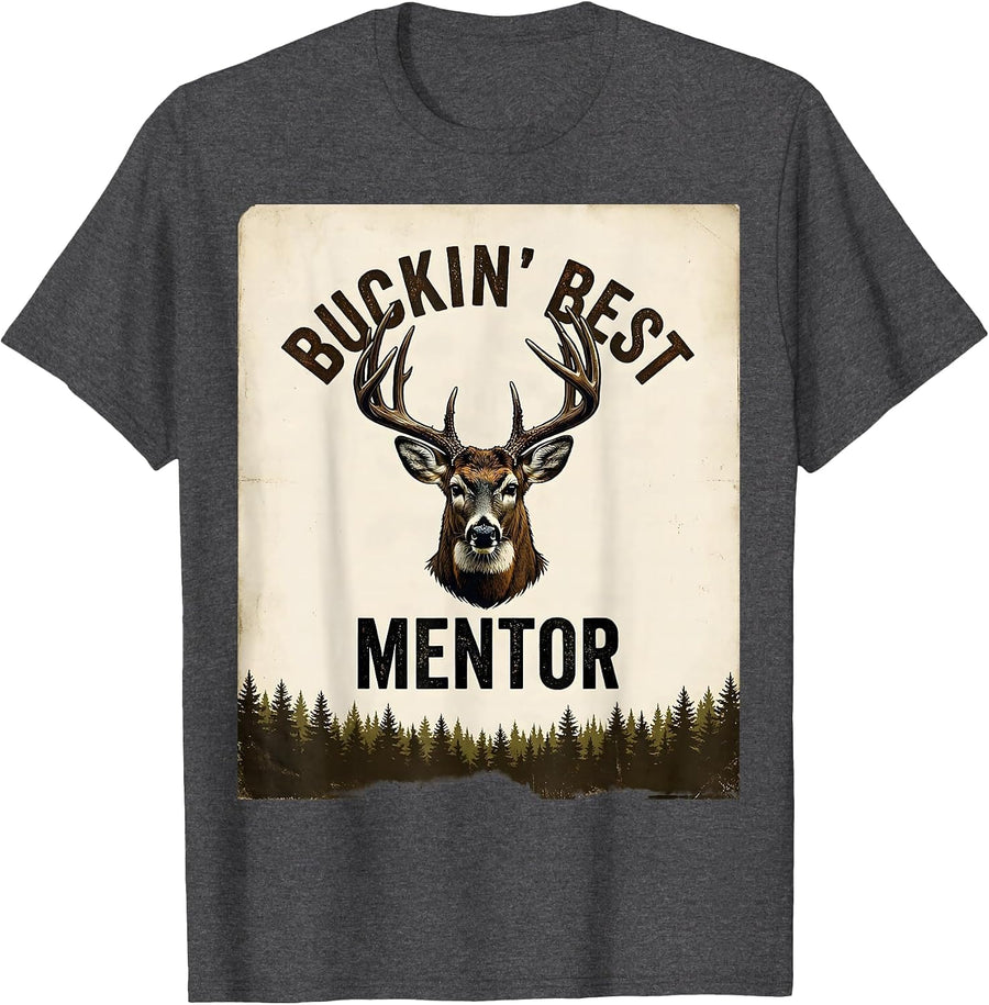 Men's Buckin' Best Mentor Vintage Funny Deer Hunting Dad Humor T-Shirt - Dark Heather Grey