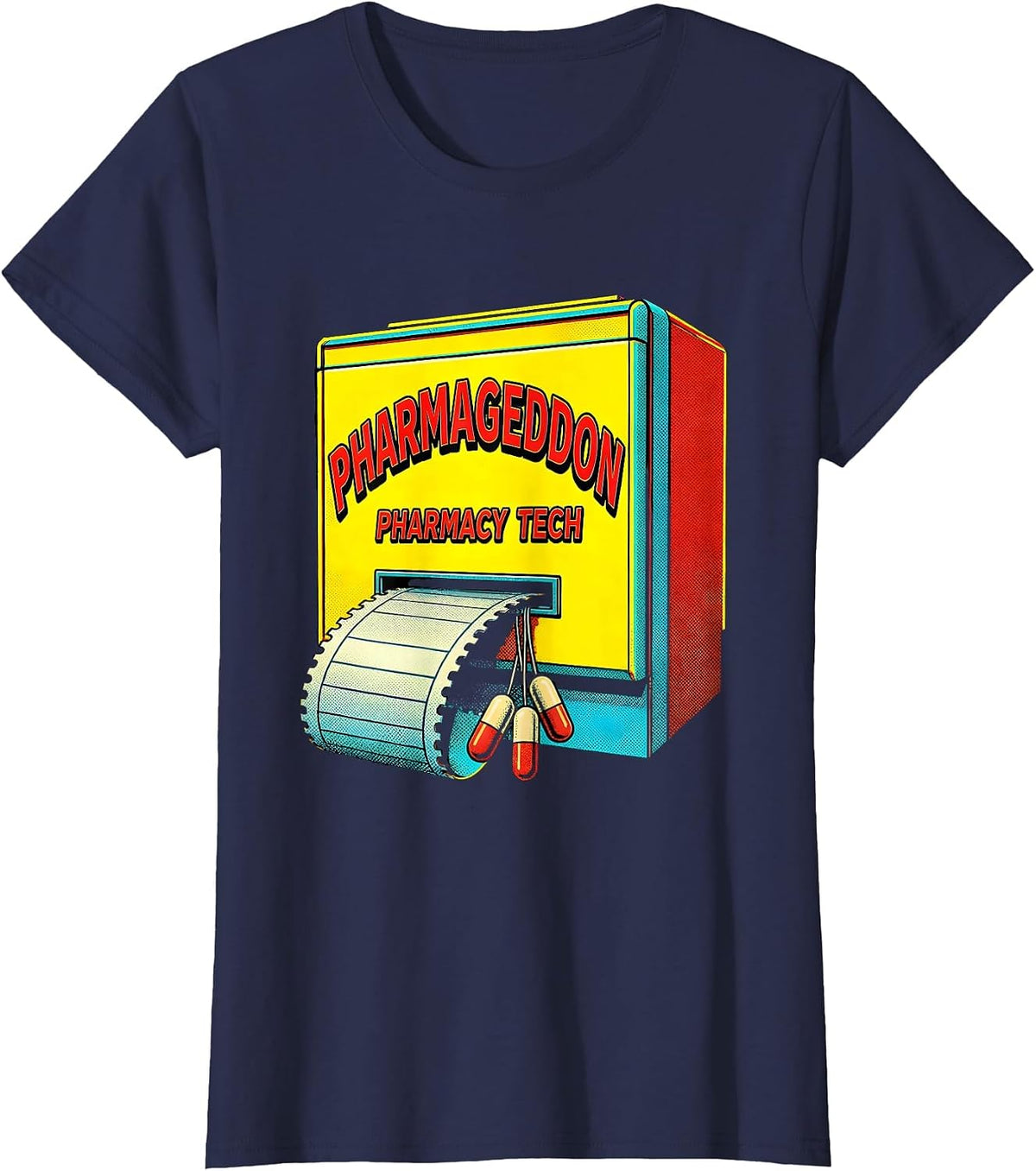 Women's Pharmageddon Pharmacy Tech Pop Art Pharmacy Technician Pun T-Shirt - Navy Blue