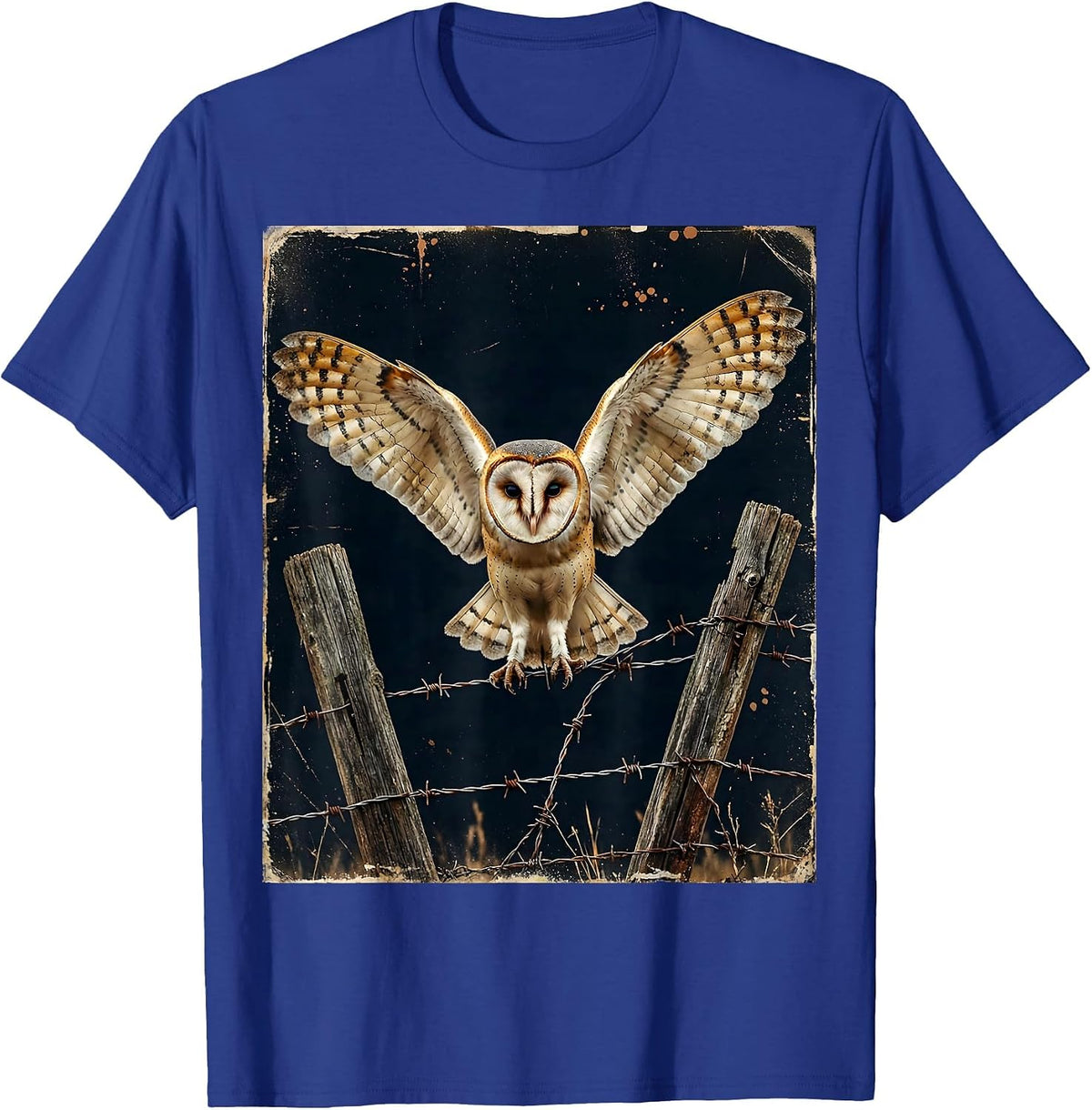 Men's Texas Barn Owl on Barbed Wire Fence Illustration T-Shirt - Royal Blue