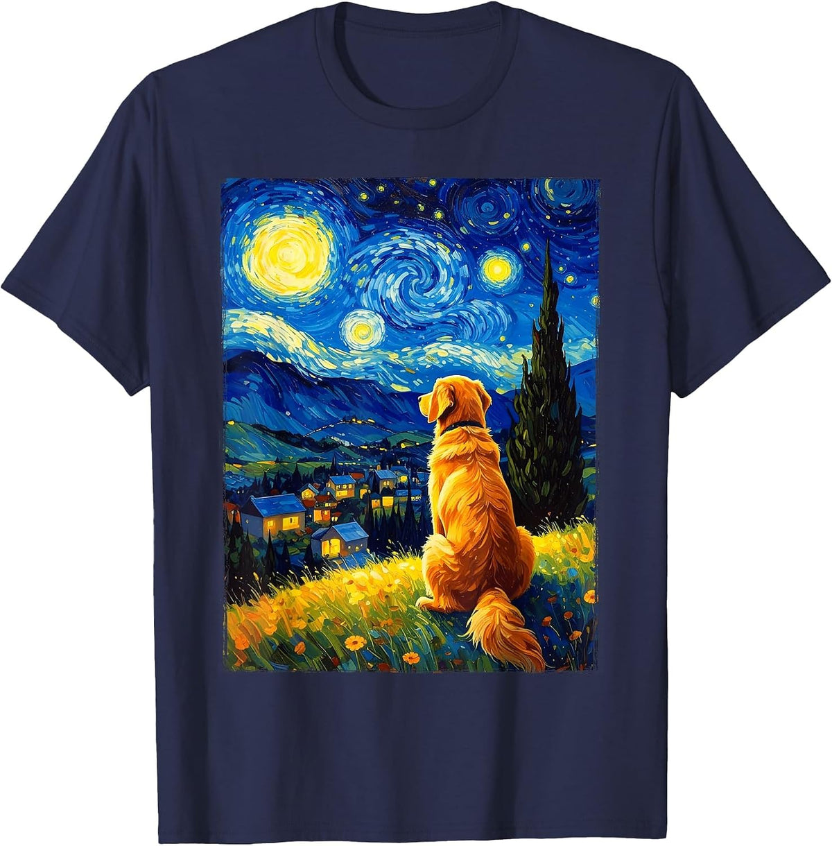 Van Gogh Starry Night Painting Golden Retriever Dog T-Shirt - Navy Blue