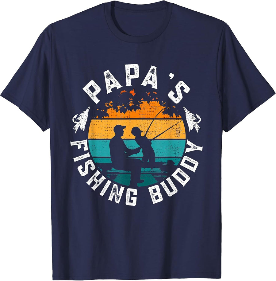 Funny Retro Papa's Fishing Buddy - Fishing T-Shirt - Navy Blue