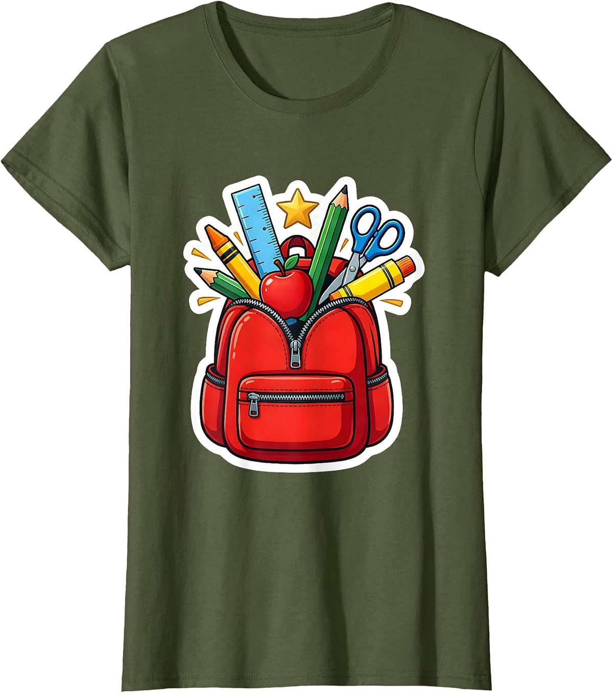 Women's First Grade Teacher Overstuffed Backpack Graphic T-Shirt - Olive Green