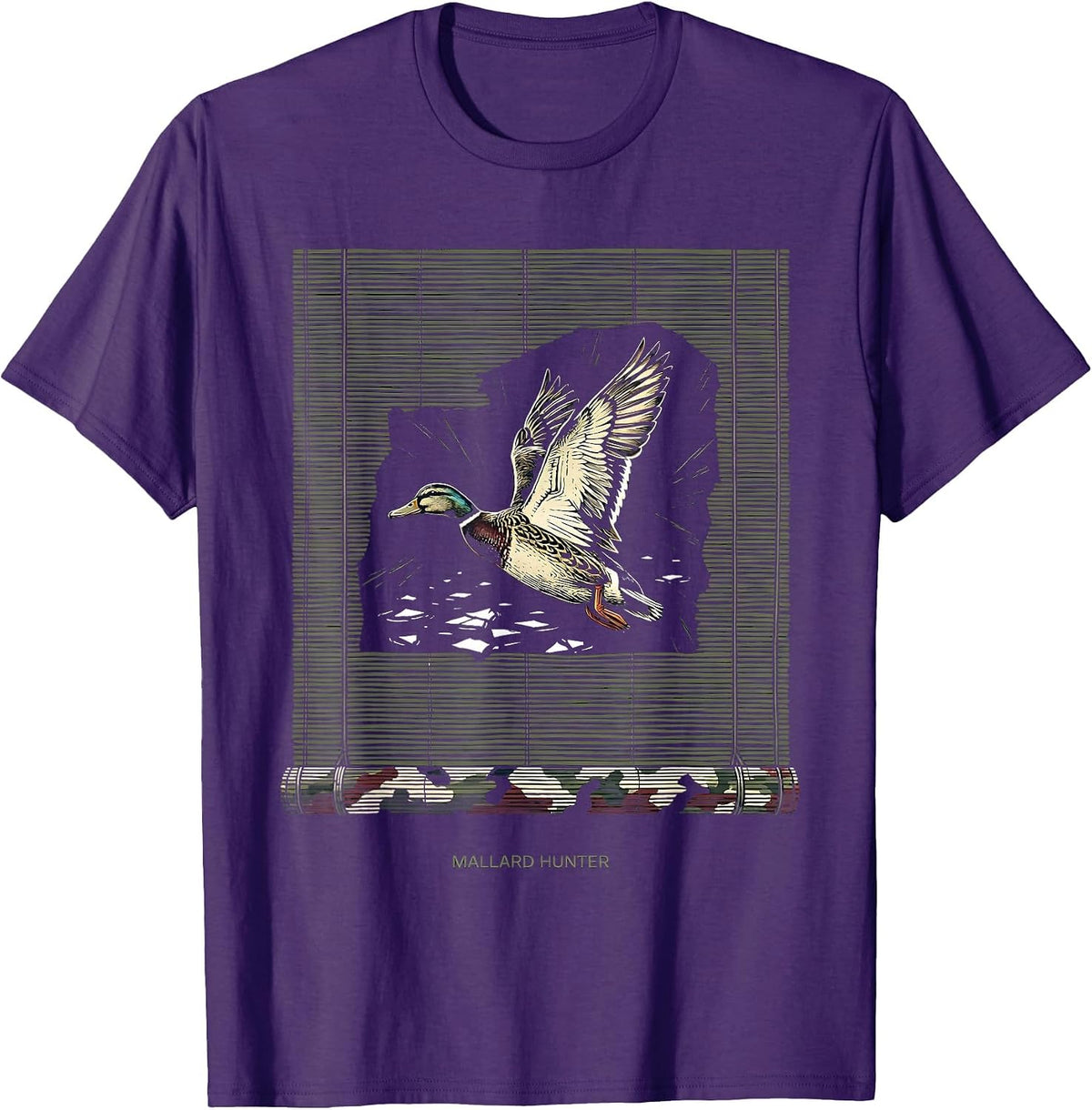Men's Mallard Hunter Linocut Duck Hunting Camo Patriotic Gift T-Shirt - Purple