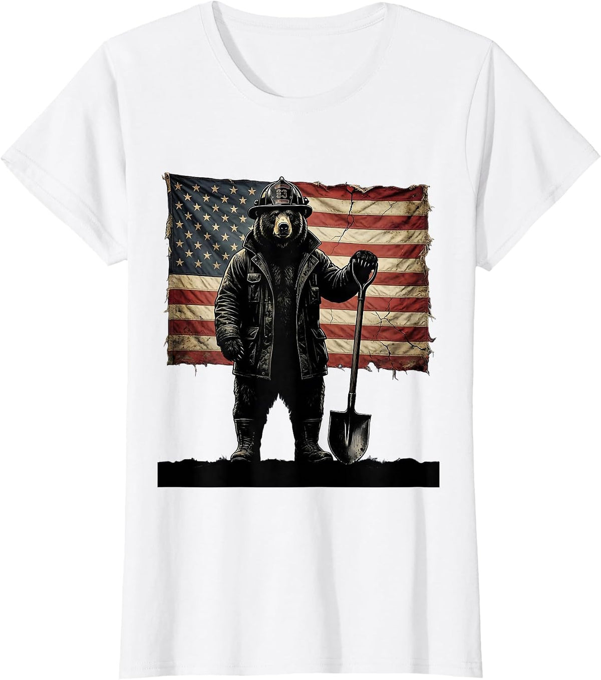 Bear Firefighter Graphic Tee with Shovel Illustration T-Shirt - White