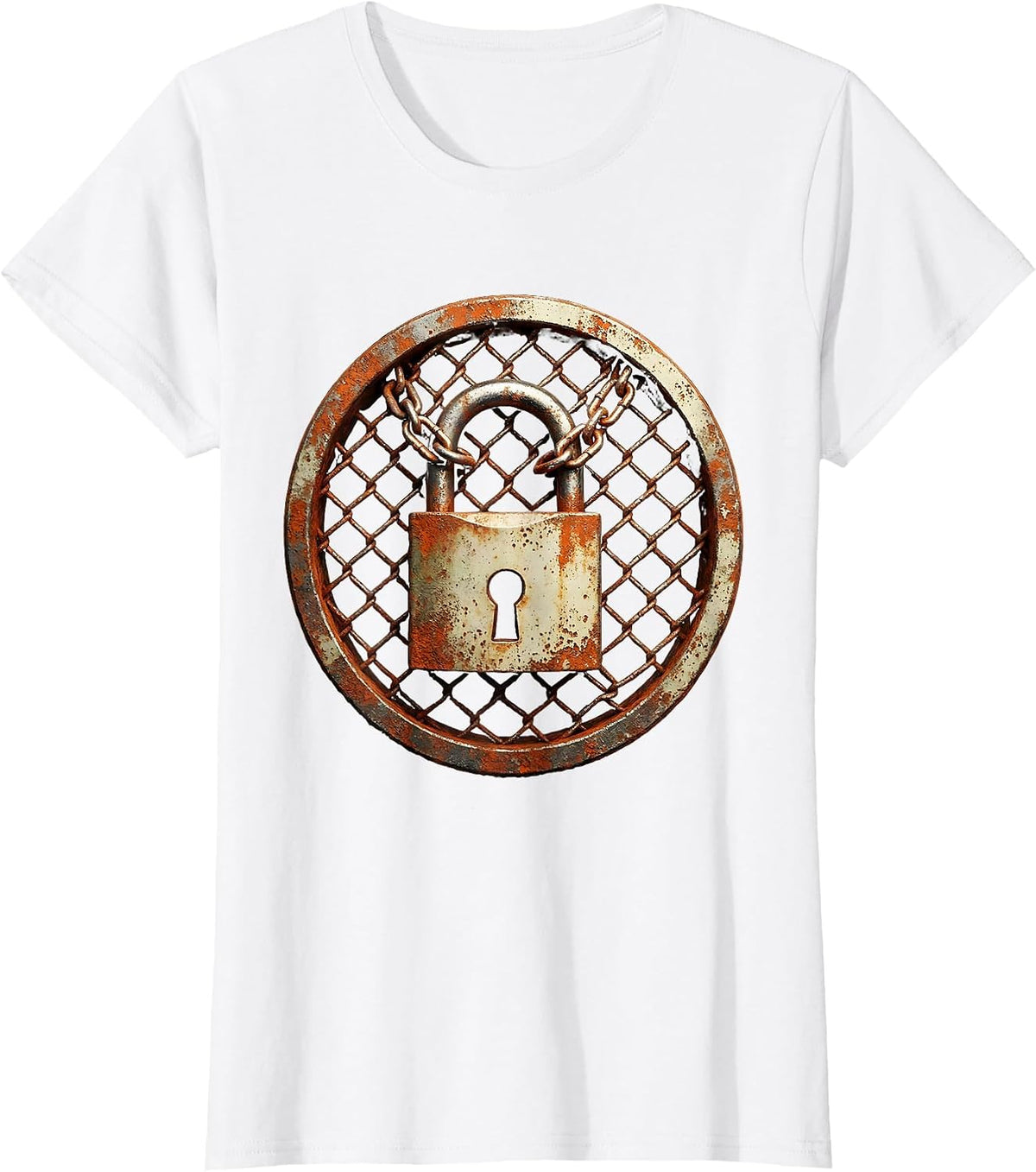 Grunge Chained Padlock Rusted Fence Graphic T-Shirt - White
